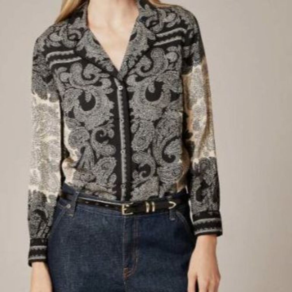 J.Crew Paisley Scarf Print Drapey Camp Collar Shirt M Boho Chic Black Cream - Picture 12 of 12